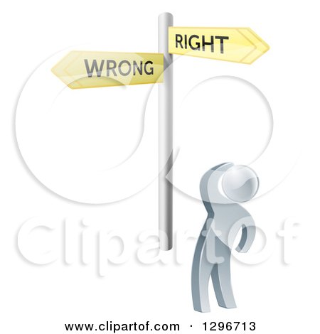 Clipart of a 3d Silver Man Looking up at Right and Wrong Directional Arrow Signs - Royalty Free Vector Illustration by AtStockIllustration