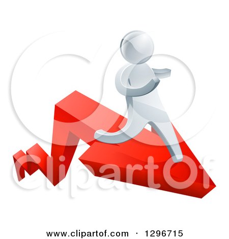 Clipart of a 3d Silver Business Man Running on a Red Arrow - Royalty Free Vector Illustration by AtStockIllustration