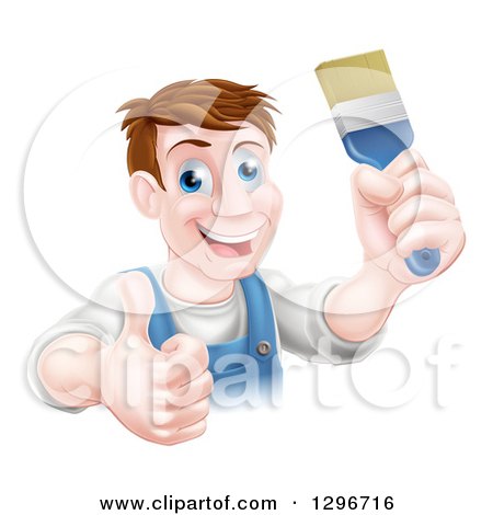 Clipart of a Happy Middle Aged Brunette White Male House Painter Holding a Brush and a Thumb up - Royalty Free Vector Illustration by AtStockIllustration