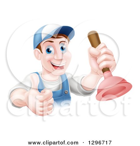 Clipart of a Middle Aged Brunette White Male Plumber Wearing a Baseball Cap, Holding a Thumb up and a Plunger - Royalty Free Vector Illustration by AtStockIllustration