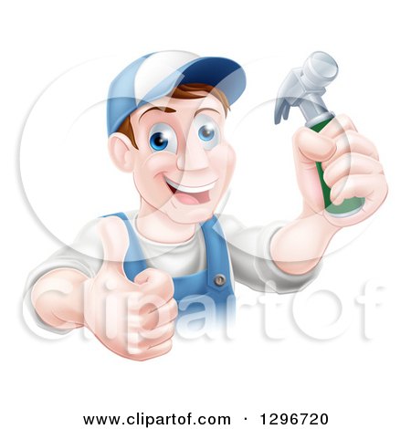 Clipart of a Happy Middle Aged Brunette Caucasian Worker Man Wearing a Baseball Cap, Holding a Hammer and Thumb up - Royalty Free Vector Illustration by AtStockIllustration