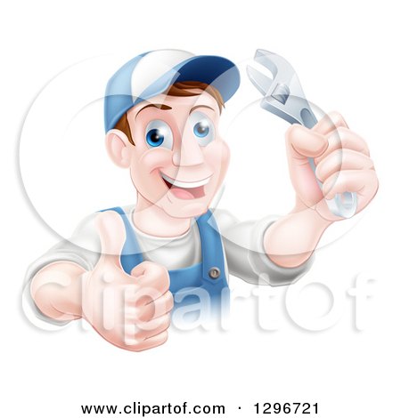 Clipart of a Happy Brunette Middle Aged Caucasian Mechanic Man Wearing a Baseball Cap, Holding a Wrench and Thumb up - Royalty Free Vector Illustration by AtStockIllustration