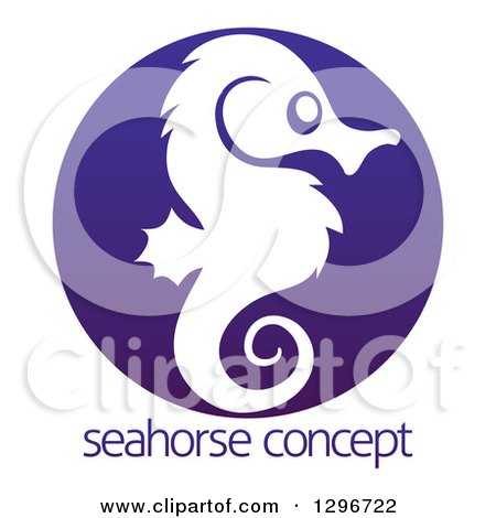 Clipart of a White Silhouetted Seahorse in Profile Inside a Dark Blue Circle over Sample Text - Royalty Free Vector Illustration by AtStockIllustration