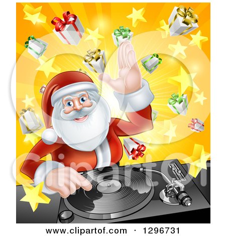 Clipart of a Happy Santa Claus Dj Mixing Christmas Music on a Turntable over a Starburst and Gifts - Royalty Free Vector Illustration by AtStockIllustration