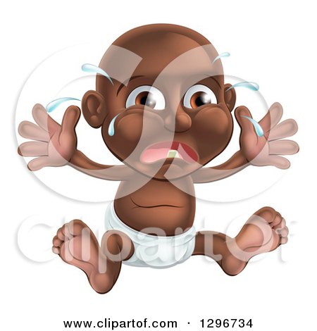 Clipart of a Crying Black Baby Boy Teething, Sitting in a Diaper, Holding His Arms up - Royalty Free Vector Illustration by AtStockIllustration