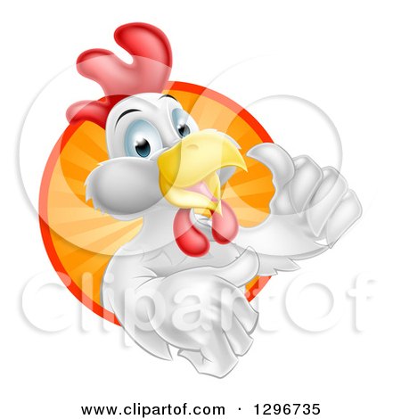 Clipart of a Happy White Chicken Rooster Holding a Thumb up and Emerging from a Sunshine Circle - Royalty Free Vector Illustration by AtStockIllustration