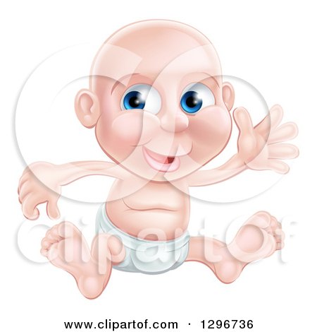 Clipart of a Happy Bald Blue Eyed Caucasian Baby Boy Sitting in a Diaper and Waving - Royalty Free Vector Illustration by AtStockIllustration