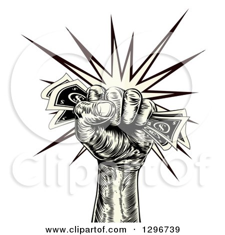 Clipart of a Black and Yellow Engraved Revolutionary Fist Holding Money - Royalty Free Vector Illustration by AtStockIllustration