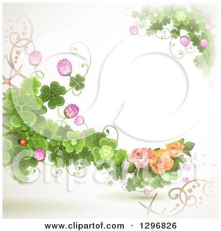 Clipart of a Floral Rose Wedding Background with Shamrock Clovers and a Ladybug - Royalty Free Vector Illustration by merlinul