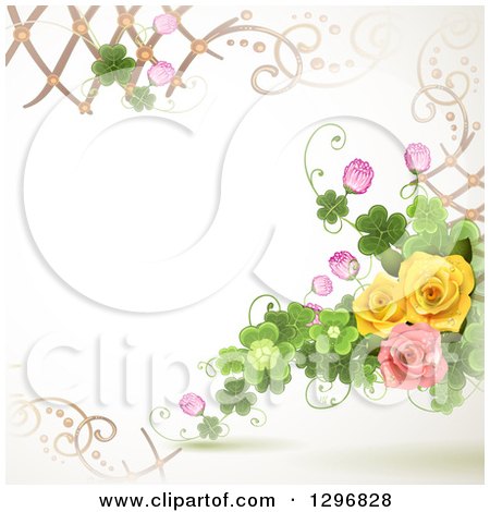 Clipart of a Floral Rose Wedding Background with Shamrock Clovers and Lattice - Royalty Free Vector Illustration by merlinul
