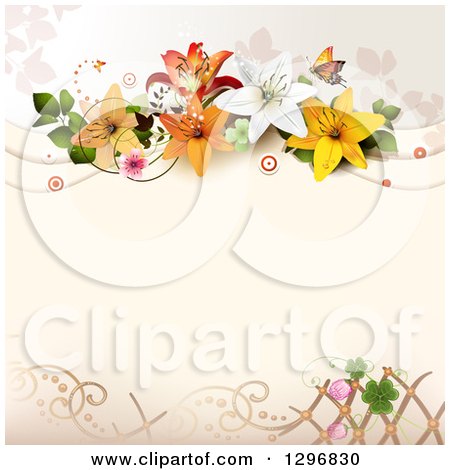 Clipart of a Lily Flower and Shamrock Background with Butterflies, Circles and Copyspace - Royalty Free Vector Illustration by merlinul