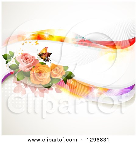 Clipart of a Floral Rose Wedding Background with a Buttefly and Magical Waves - Royalty Free Vector Illustration by merlinul