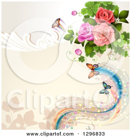 Clipart of a Floral Rose Wedding Background with Butterflies, Swirls and Magical Waves - Royalty Free Vector Illustration by merlinul