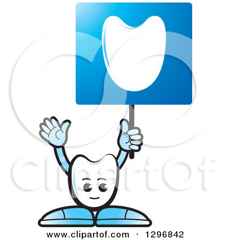 Clipart of a Cartoon Tooth Character Holding up a Blue Sign - Royalty Free Vector Illustration by Lal Perera