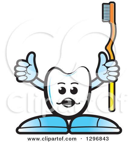 Clipart of a Cartoon Tooth Character Holding up a Thumb and Yellow Toothbrush - Royalty Free Vector Illustration by Lal Perera
