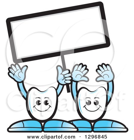 Clipart of Cartoon Tooth Characters Waving and Holding up a Blank Sign - Royalty Free Vector Illustration by Lal Perera