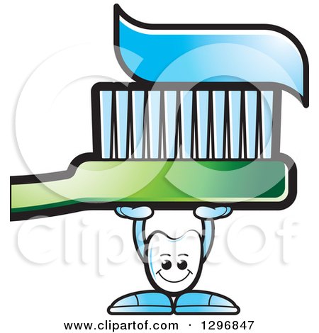 Clipart of a Cartoon Tooth Character Holding up a Giant Green Toothbrush with Paste - Royalty Free Vector Illustration by Lal Perera
