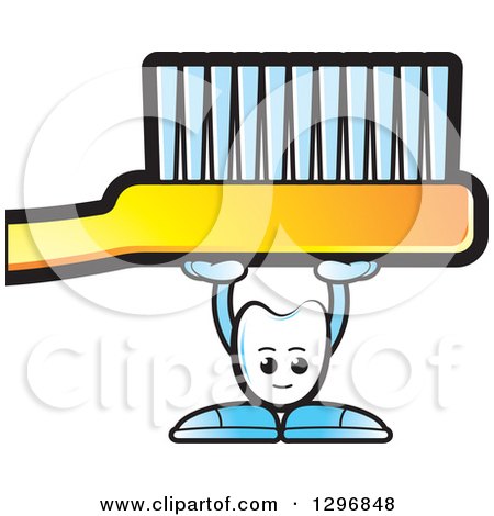 Clipart of a Cartoon Tooth Character Holding up a Giant Yellow Toothbrush - Royalty Free Vector Illustration by Lal Perera