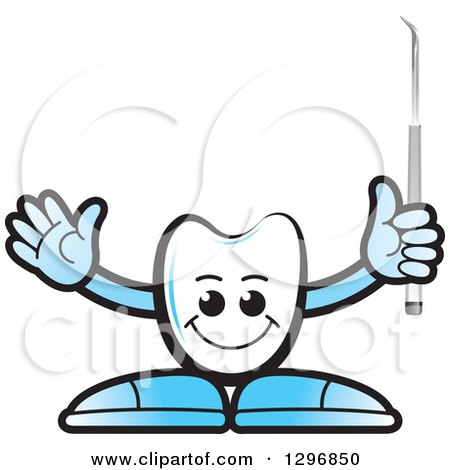 Clipart of a Cartoon Tooth Character Holding up a Dental Scraper - Royalty Free Vector Illustration by Lal Perera