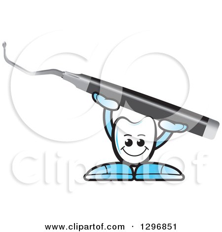 Clipart of a Cartoon Tooth Character Holding up a Tool - Royalty Free Vector Illustration by Lal Perera