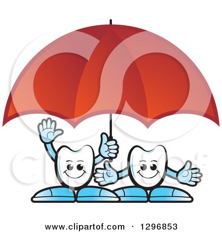 Clipart of Cartoon Tooth Characters Under a Red Umbrella - Royalty Free Vector Illustration by Lal Perera