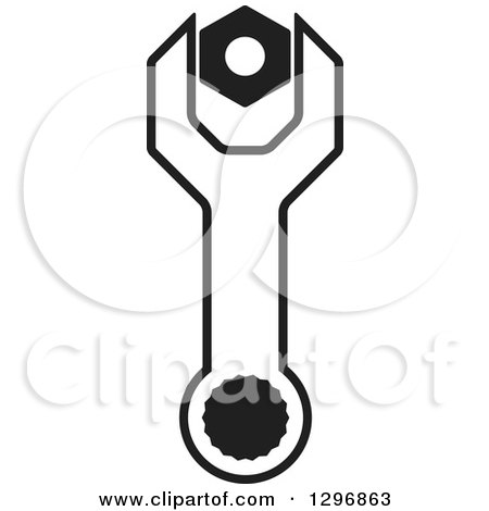 Clipart of a Black and White Wrench with a Nut - Royalty Free Vector Illustration by Lal Perera
