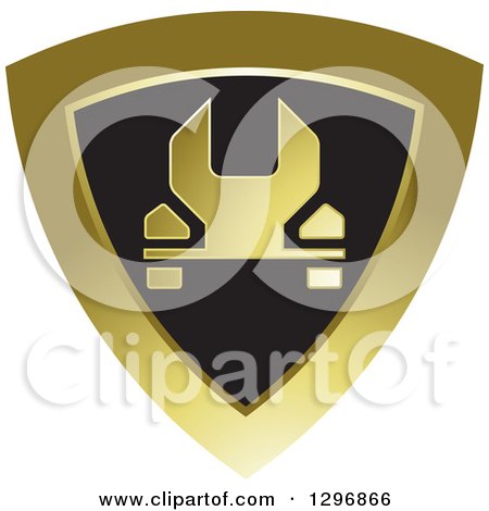 Clipart of a Wrench in a Shiny Gold and Black Shield - Royalty Free Vector Illustration by Lal Perera