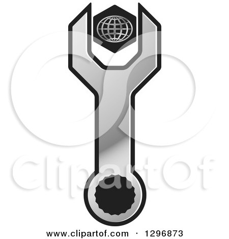 Clipart of a Silver Wrench with a Grid Globe Nut - Royalty Free Vector Illustration by Lal Perera