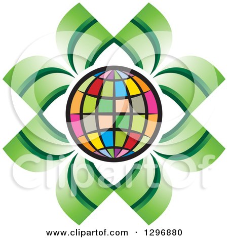 Clipart of a Colorful Grid Globe Outlined in White with Green Leaves - Royalty Free Vector Illustration by Lal Perera