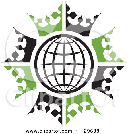 Clipart of a Black and White Grid Globe in a Circle of Black and Green Crowns - Royalty Free Vector Illustration by Lal Perera