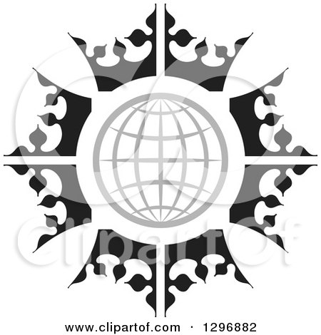 Clipart of a Gray Grid Globe in a Circle of Black and White Crowns - Royalty Free Vector Illustration by Lal Perera