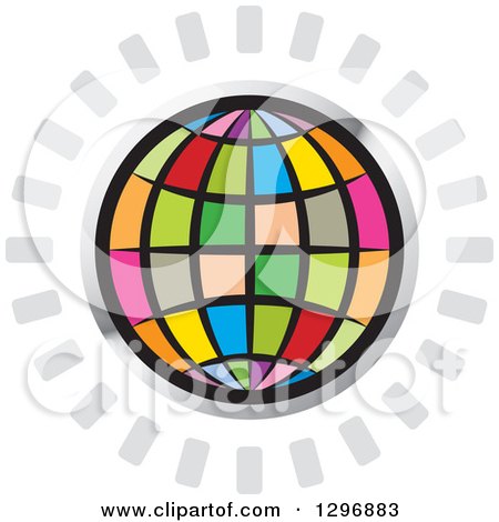 Clipart of a Colorful Grid Globe in a Silver Circle with Gray Rays - Royalty Free Vector Illustration by Lal Perera
