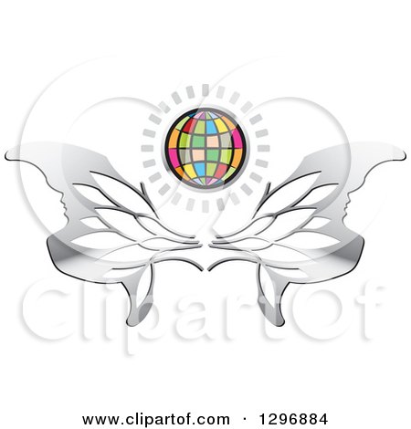 Clipart of a Shining Colorful Grid Globe over Silver Wings - Royalty Free Vector Illustration by Lal Perera