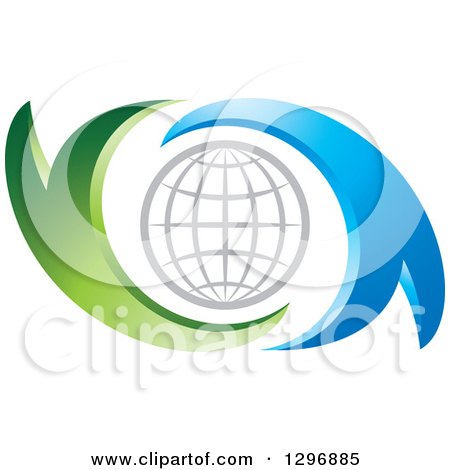 Clipart of a Gray Grid Globe in Blue and Green Abstract Swooshes - Royalty Free Vector Illustration by Lal Perera