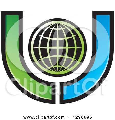 Clipart of a Grid Globe Inside a Blue and Green Letter U - Royalty Free Vector Illustration by Lal Perera