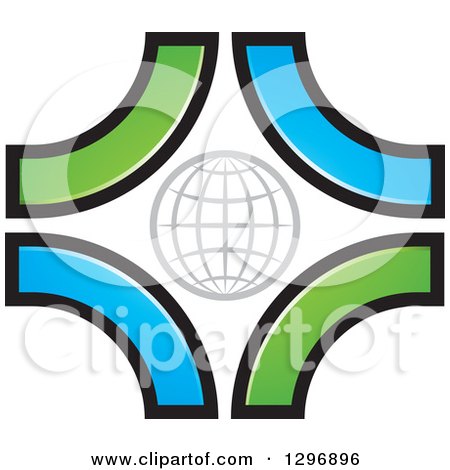 Clipart of a Gray Grid Globe in Blue and Green Swooshes - Royalty Free Vector Illustration by Lal Perera