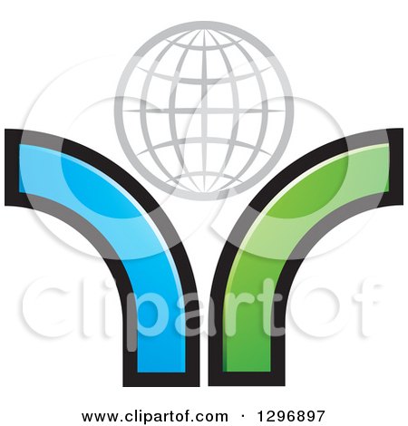 Clipart of a Gray Grid Globe over Blue and Green Swooshes - Royalty Free Vector Illustration by Lal Perera