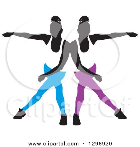 Clipart of a Black Silhouetted Female Dancers in Blue and Purple Apparel, Touching Shoulders and Mirroring Each Other - Royalty Free Vector Illustration by Lal Perera
