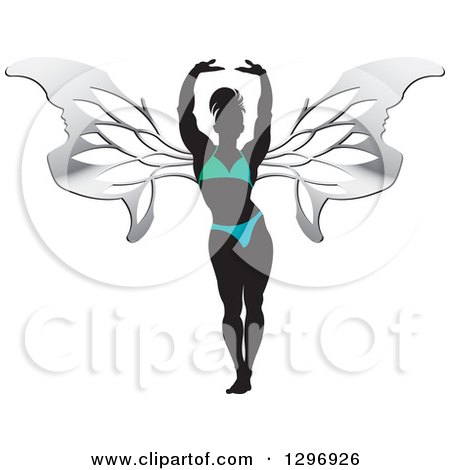 Clipart of a Silhouetted Stretching Female Bodybuilder with Silver Butterfly Wings, in a Gradient Suit - Royalty Free Vector Illustration by Lal Perera