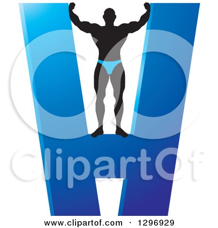 Clipart of a Silhouetted Male Bodybuilder on a Blue Giant Letter H - Royalty Free Vector Illustration by Lal Perera