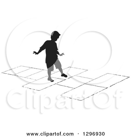 Clipart of a Black Silhouetted Boy Playing Hopscotch - Royalty Free Vector Illustration by Lal Perera