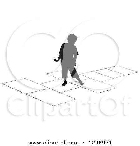 Clipart of a Black Silhouetted Boy Playing Hopscotch 2 - Royalty Free Vector Illustration by Lal Perera