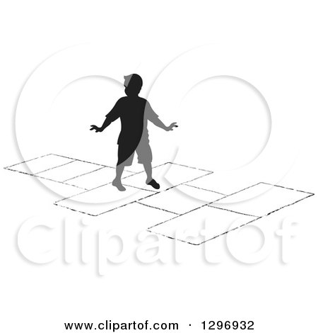 Clipart of a Black Silhouetted Boy Playing Hopscotch 3 - Royalty Free Vector Illustration by Lal Perera
