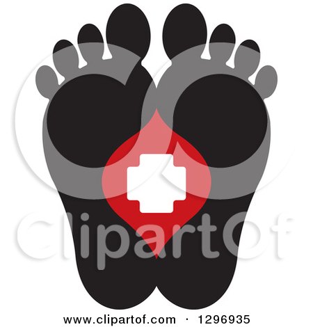Clipart of a Black Silhouetted Feet and a Red and White First Aid Medical Cross - Royalty Free Vector Illustration by Lal Perera