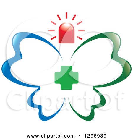 Clipart of a Blue and Green First Aid Medical Butterfly with a Cross and Siren - Royalty Free Vector Illustration by Lal Perera