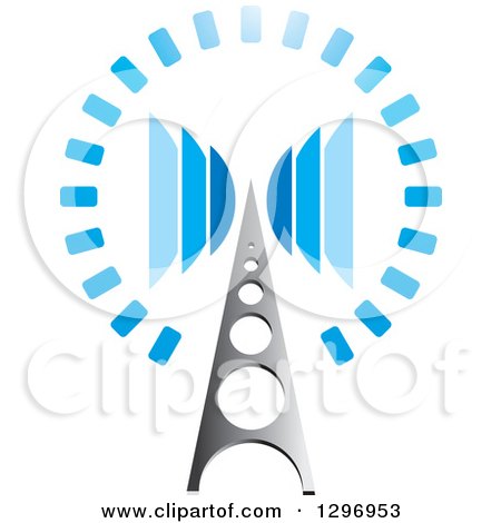 Clipart of a Silver Cellular Communications Tower with a Circle of Blue Signals - Royalty Free Vector Illustration by Lal Perera