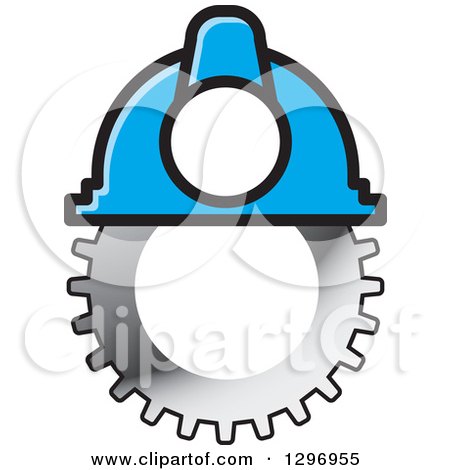 Clipart of a Silver Gear Cog and Industrial Blue Hard Hat Helmet - Royalty Free Vector Illustration by Lal Perera