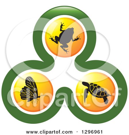 Clipart of a Biology Logo of a Frog, Sea Turtle and Butterfly in Orange Circles in a Green Design - Royalty Free Vector Illustration by Lal Perera