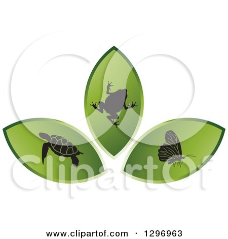 Clipart of Green Leaves with a Black Frog, Butterfly and Sea Turtle - Royalty Free Vector Illustration by Lal Perera