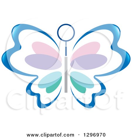 Clipart of a Blue Butterfly with Colorful Pastel Petal Patterned Wings and a Dental Tool - Royalty Free Vector Illustration by Lal Perera